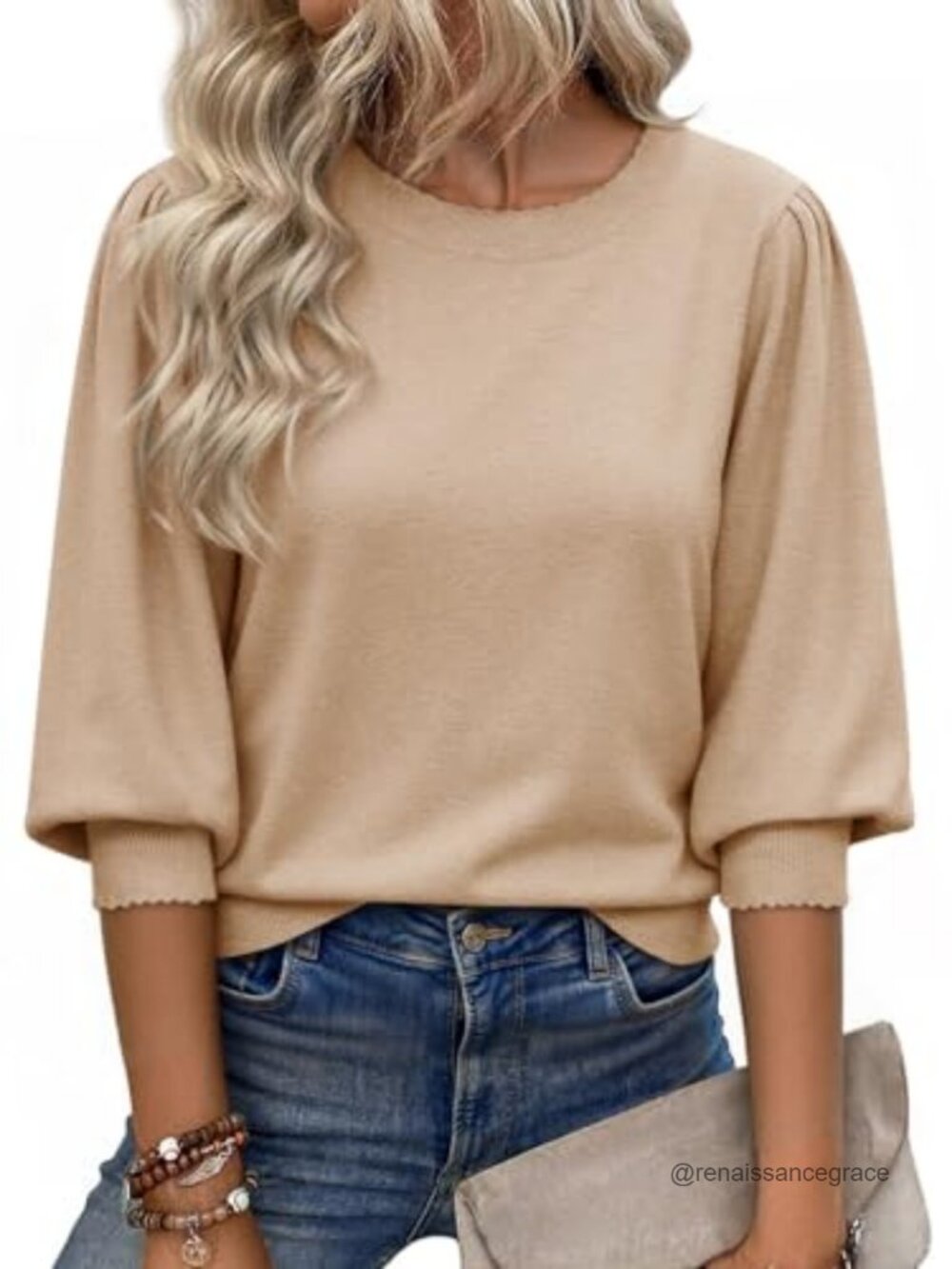 Puff Sleeve Sweater 3/4 Sleeve Scallop Trim Knit Pullover Top